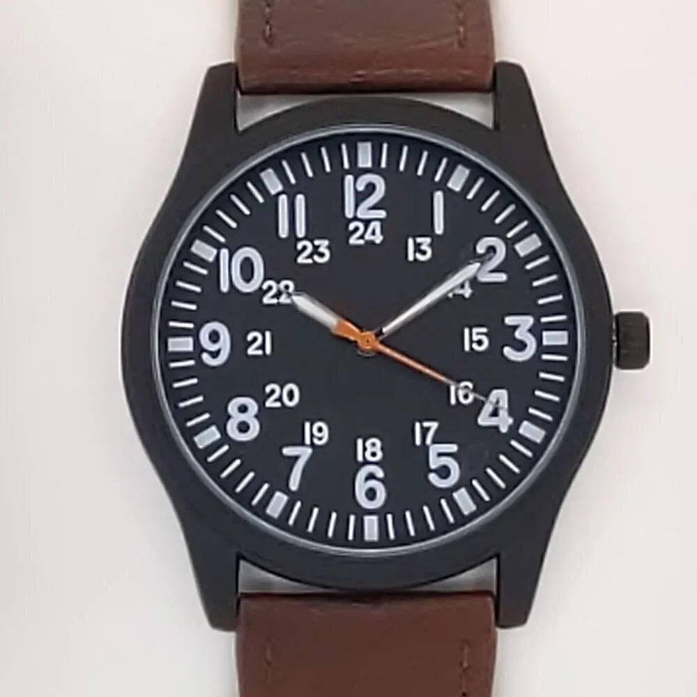 Men's Quartz Field Watch Black Case Brown Leather Strap 42mm